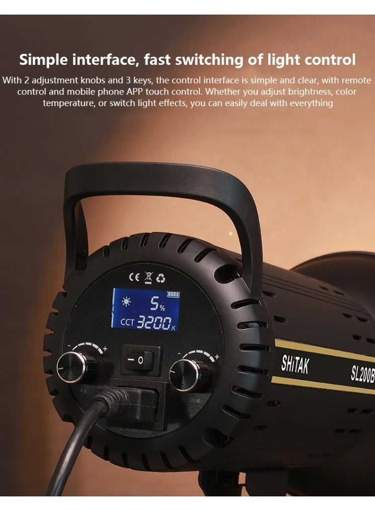 مبرد مصباح تصوير LED 200W SL200D، درجة حرارة لون واحدة 5600K، وميض ضوئي احترافي لاستوديو التصوير، خرج عالٍ 17900Lux، CRI97، تركيب Bowens، تحكم عن بُعد وتطبيق للتحكم في البث المباشر للفيديو والصور - Image 3